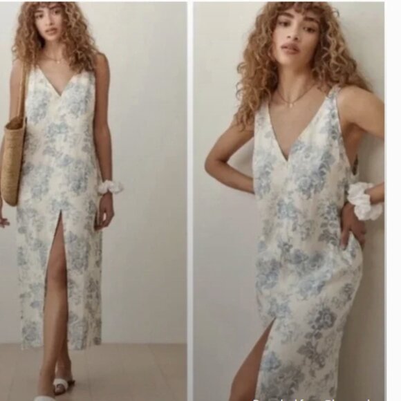 Reformation Monique Linen Midi Dress in Teacup Blue Floral size XS - Picture 1 of 5